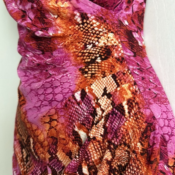 Cache Y2K Snake Print Ruched Faux Wrap V-Neck Sheath Dress Pink Mob Wife Size XS - Picture 6 of 10